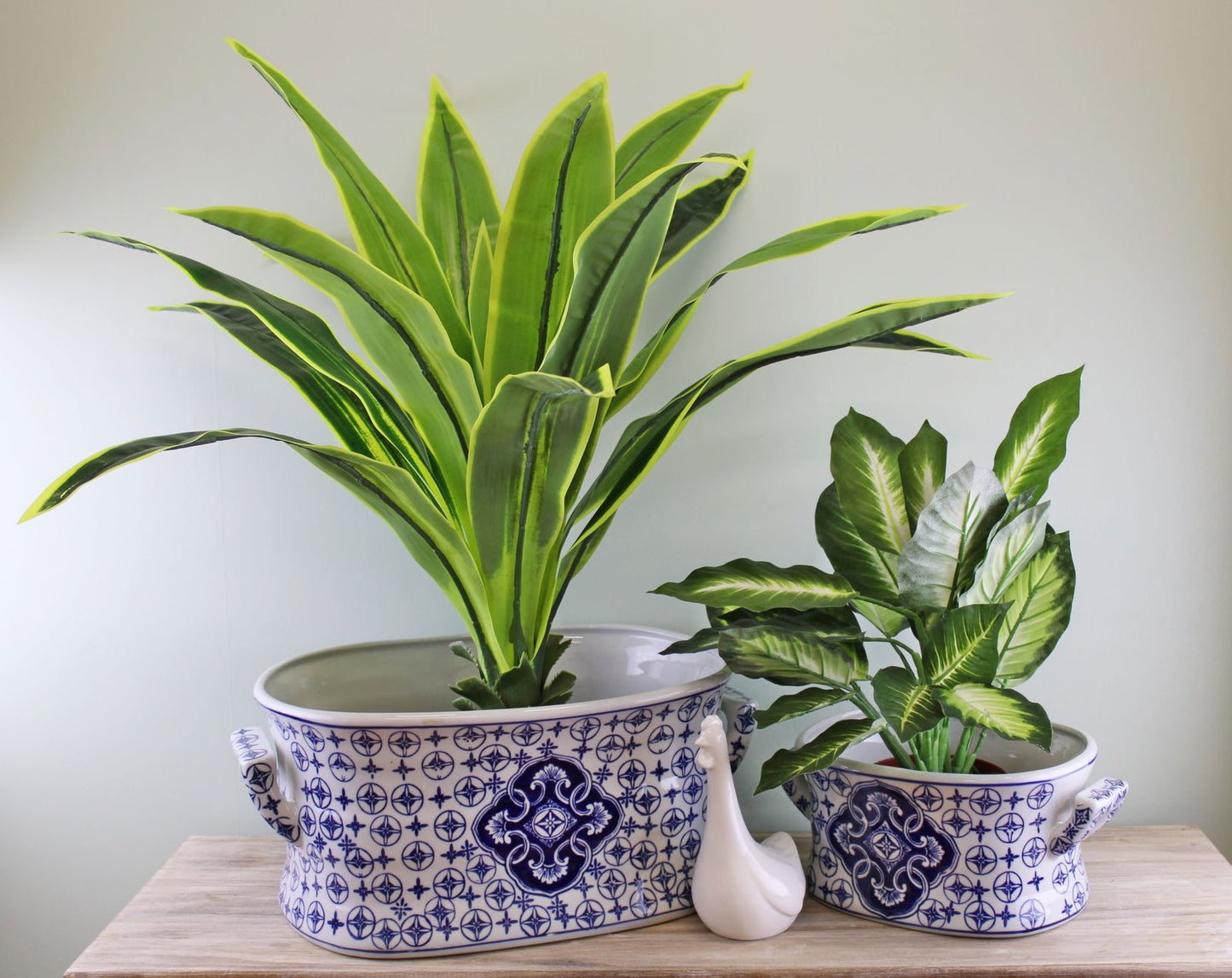 Set of 2 Ceramic Footbath Planters, Vintage Blue & White Circular Design