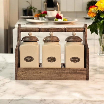 Ceramic Tea, Coffee & Sugar Jar's In Solid Mango Wood Rack