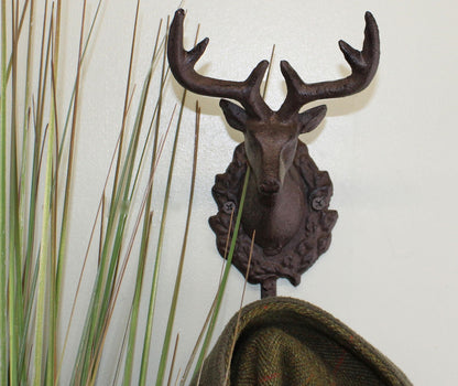 Rustic Cast Iron Wall Hooks, Single Stag Bust