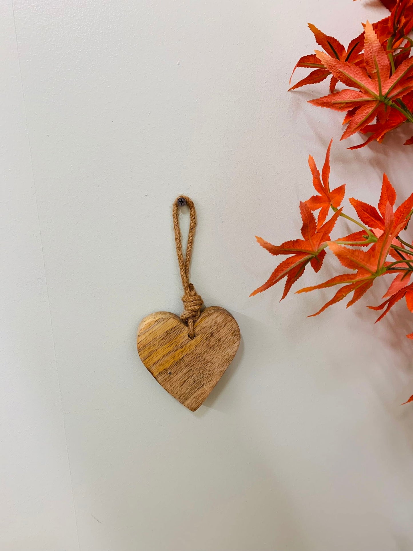 Wooden Hanging Heart With Silver Metal Heart