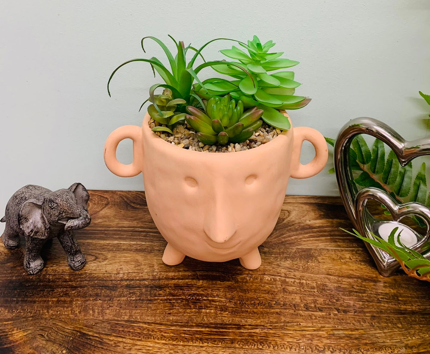 Face Terracotta Pot With Faux Cacti Large