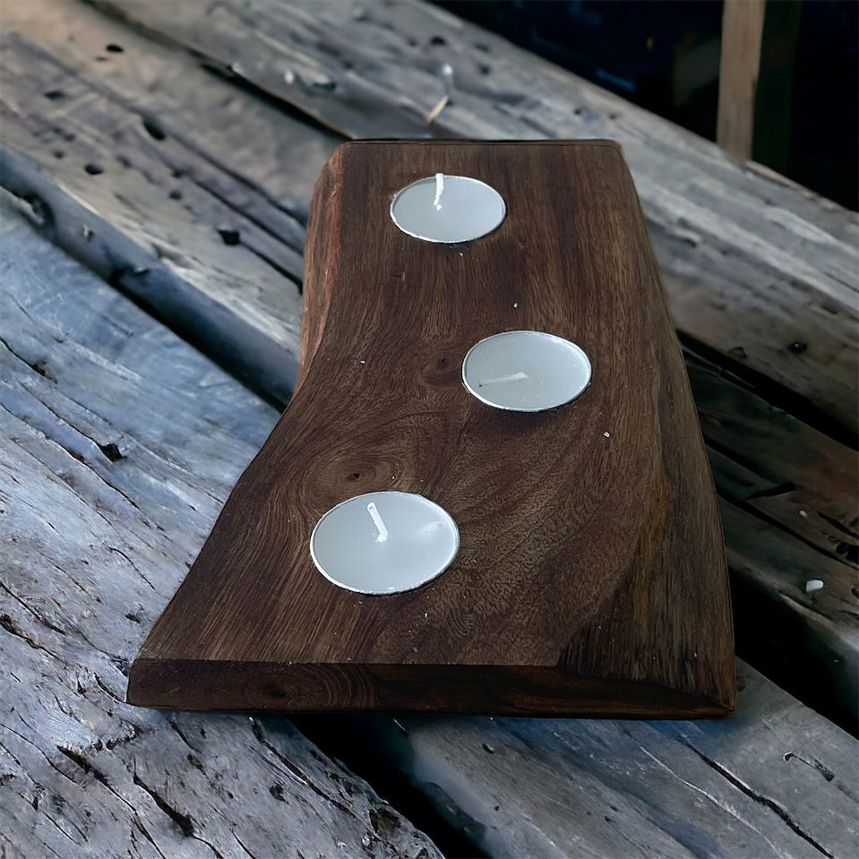 Short Mango Wood 3 Tea Light Holder 25cm