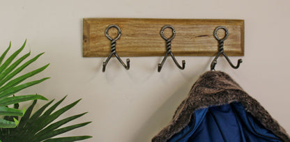 3 Piece Double Metal Hooks On Wooden Base