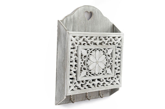 Grey Wooden 3 Hook Key Holder With Cutout Pattern Shelf