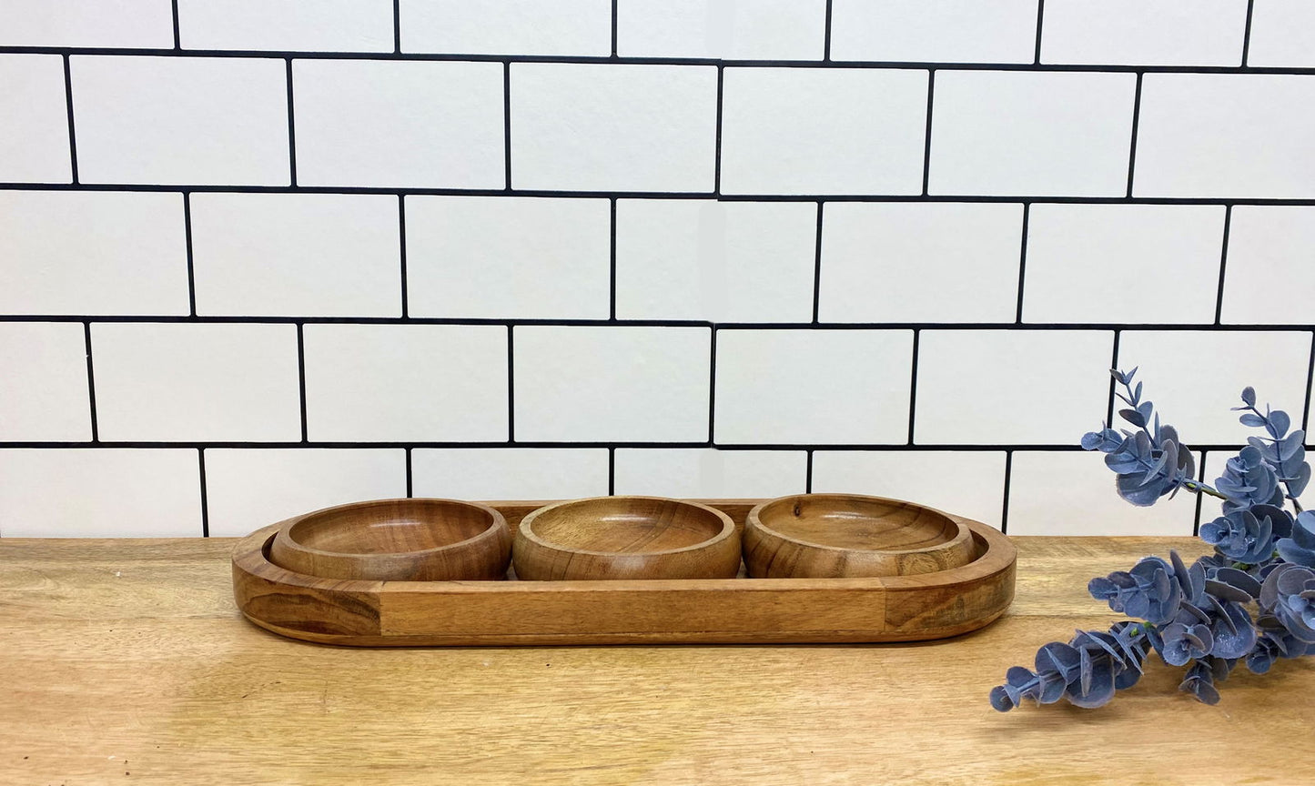 Set Of Three Bowls On Wooden Tray