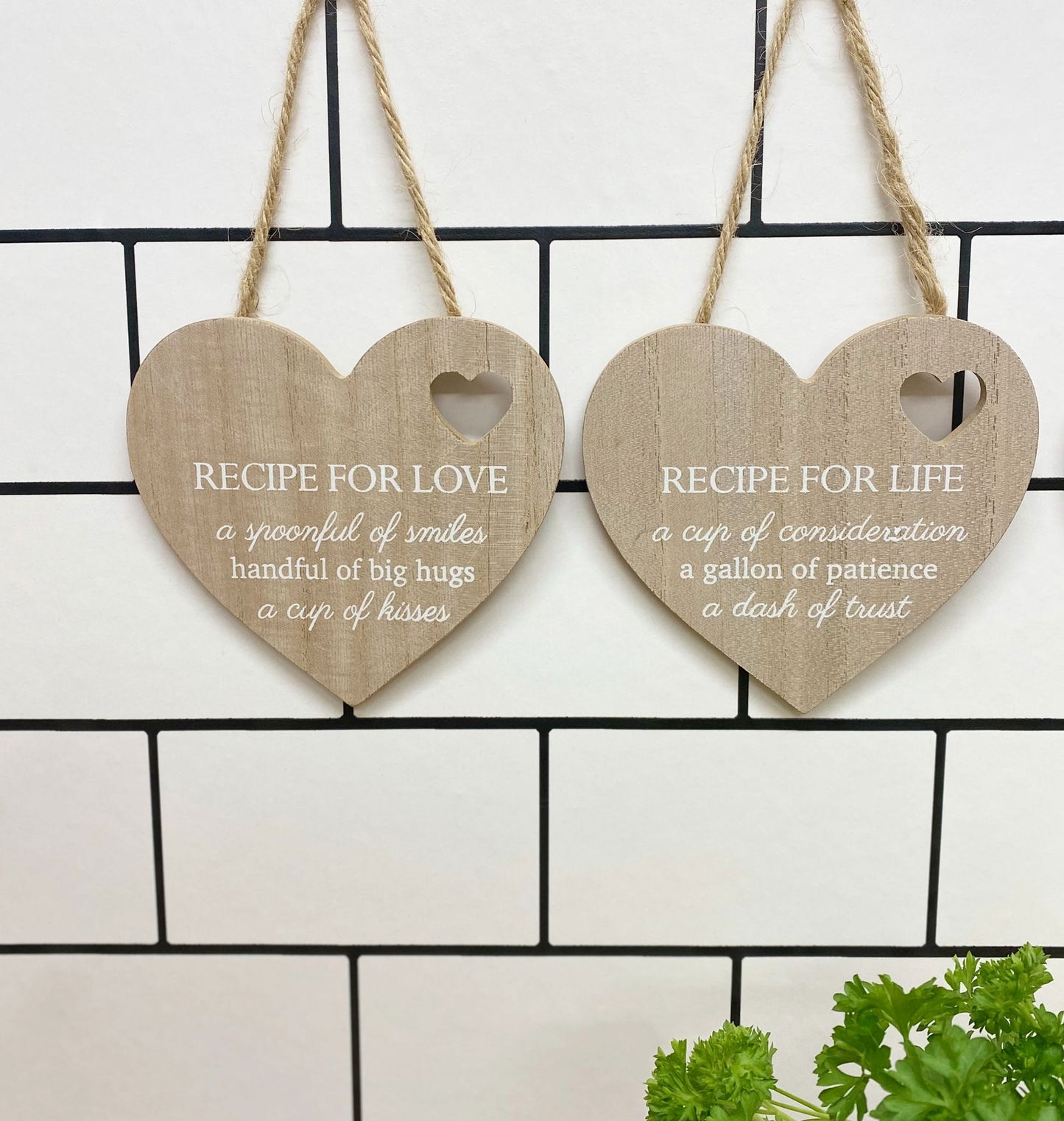 Set of 4 Wood Hanging White Etched Life Recipe Heart Plaque