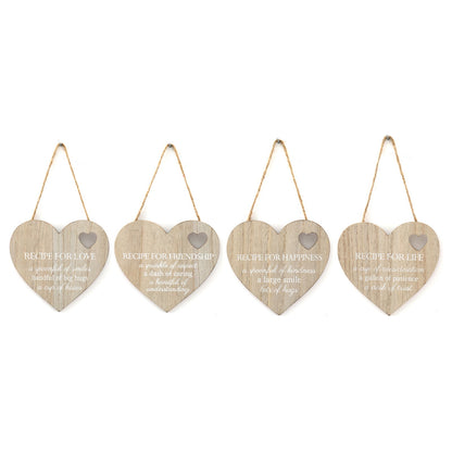 Set of 4 Wood Hanging White Etched Life Recipe Heart Plaque