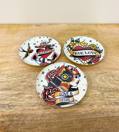 Set of Three Metal Retro Tattoo Design Coasters