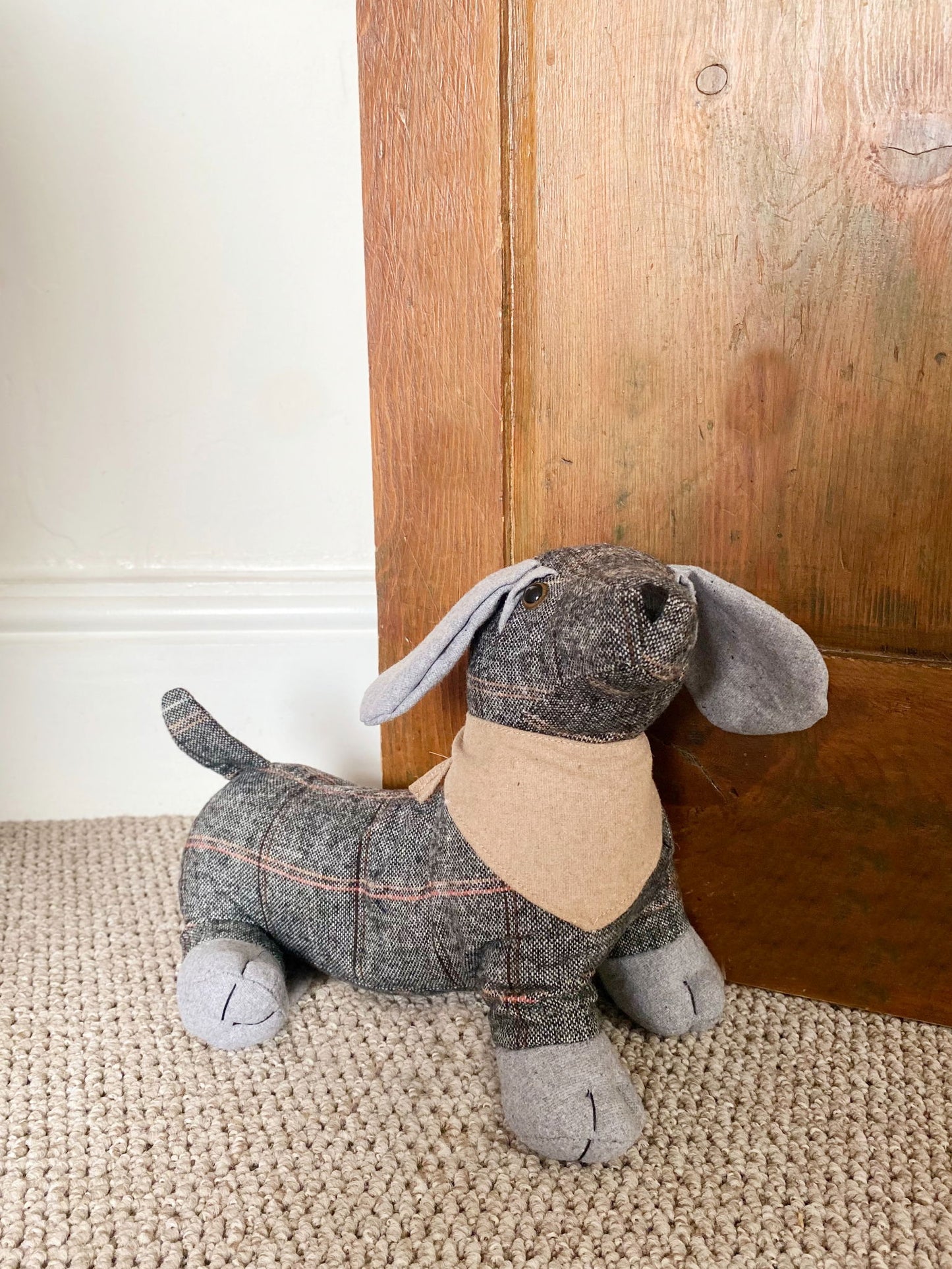 Tartan Fabric Sausage Dog Doorstop with Natural Bandana