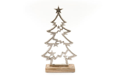 Silver Christmas Tree & Stars On Wooden Base