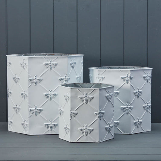 White Hexagonal Zinc Bee Planters Set of Three